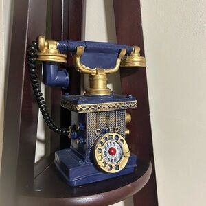 Vintage-Style Blue and Gold Decorative Rotary Phone Accent - piggy bank